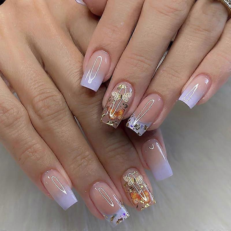 24PCS Medium Length Square French Tip Press on Nails Kit with Tools, Reusable UV Gloss Finish