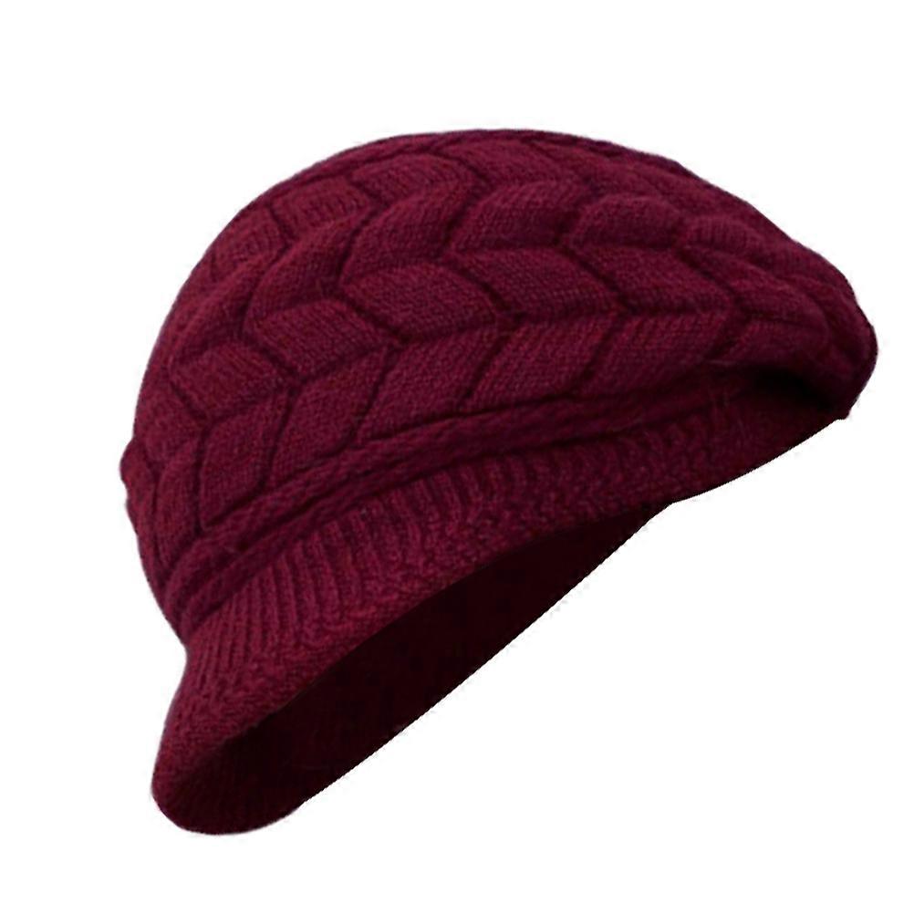 Warm Knit Hat Women Winter Wool Cap with Visor for Red