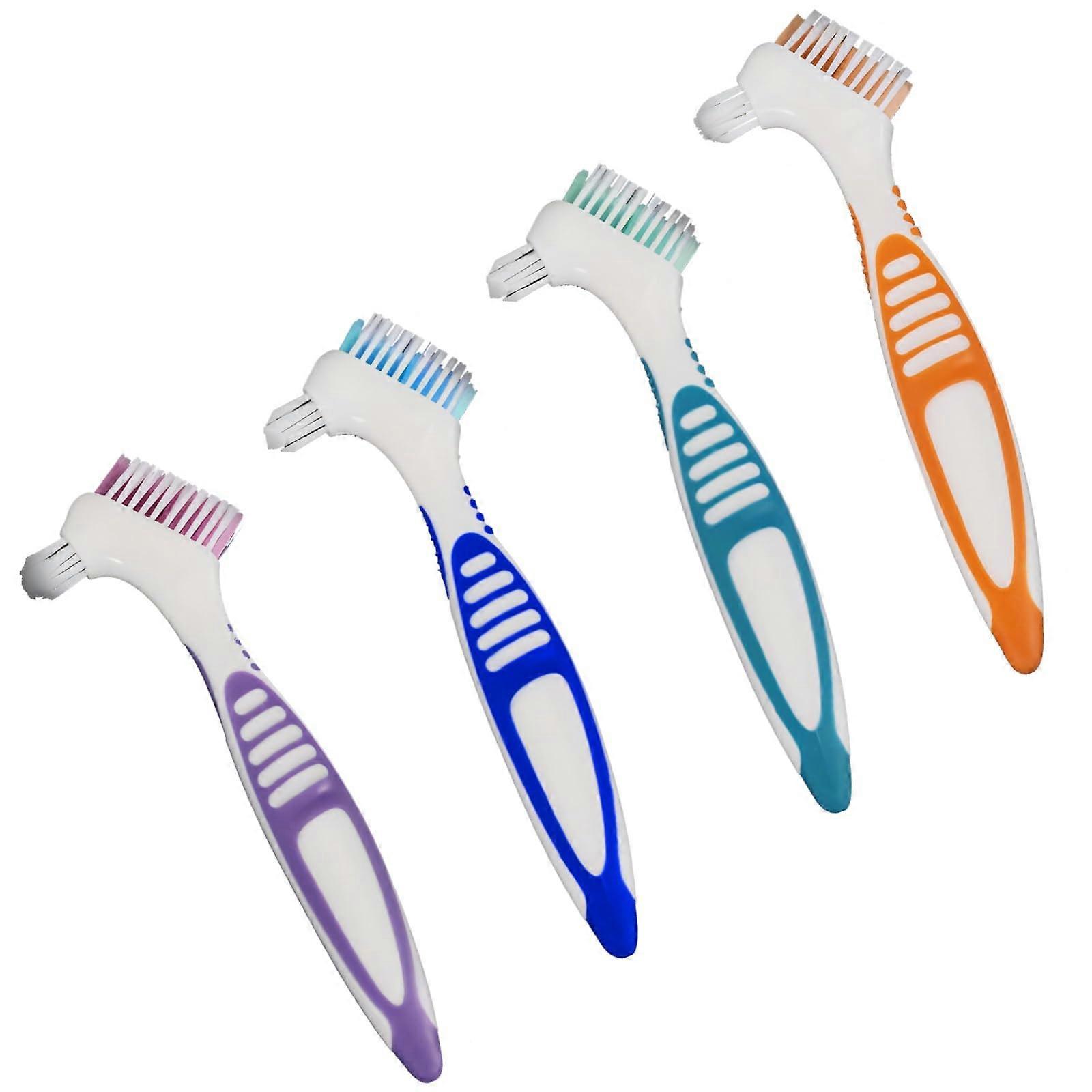 Denture Brush Set 4 Pack DualSided Heads with Case, Ergonomic Handle for False Teeth Cleaning