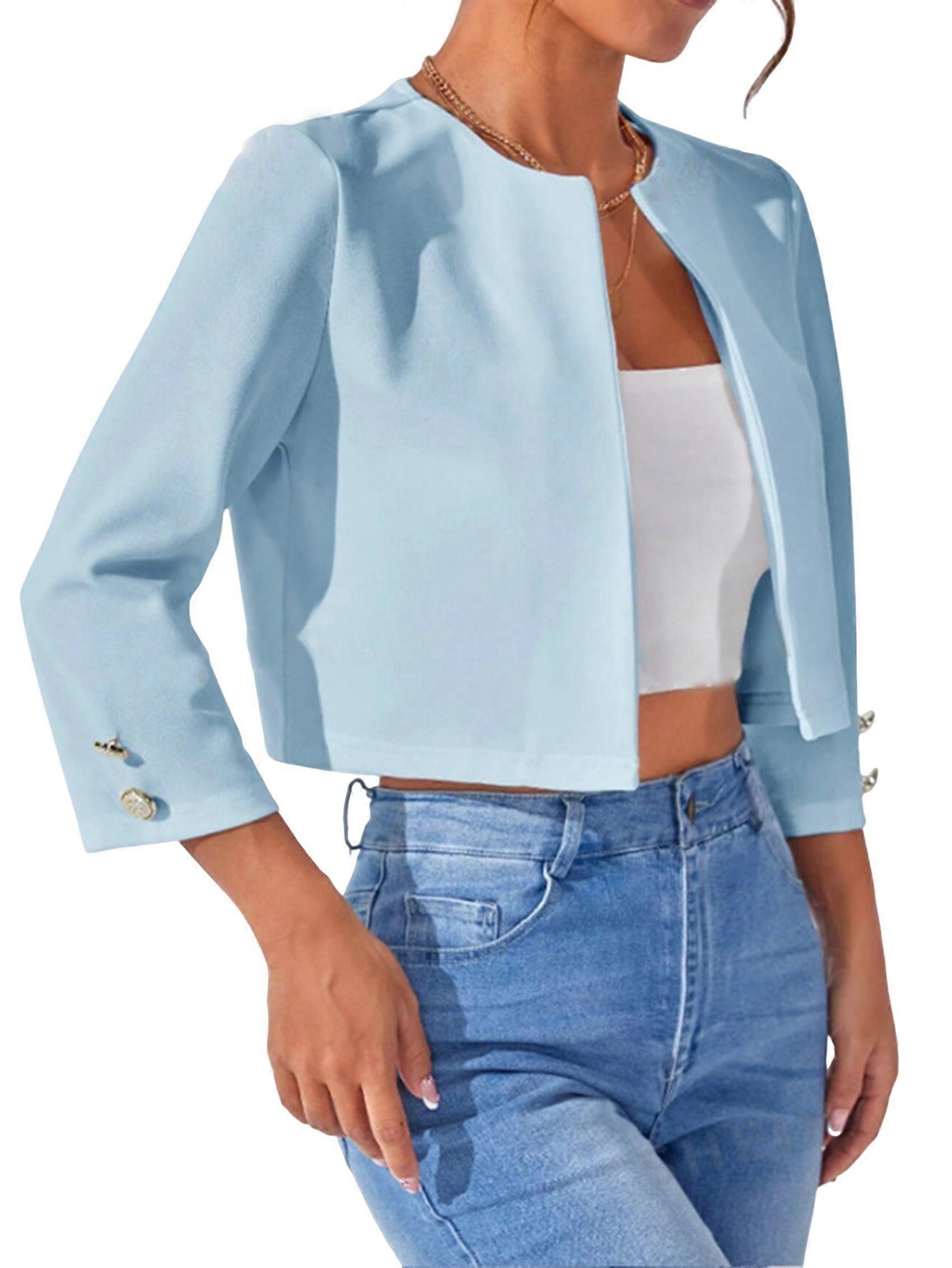 Casual Jackets for Women Solid Open Front Crop Jacket Light Blue XL