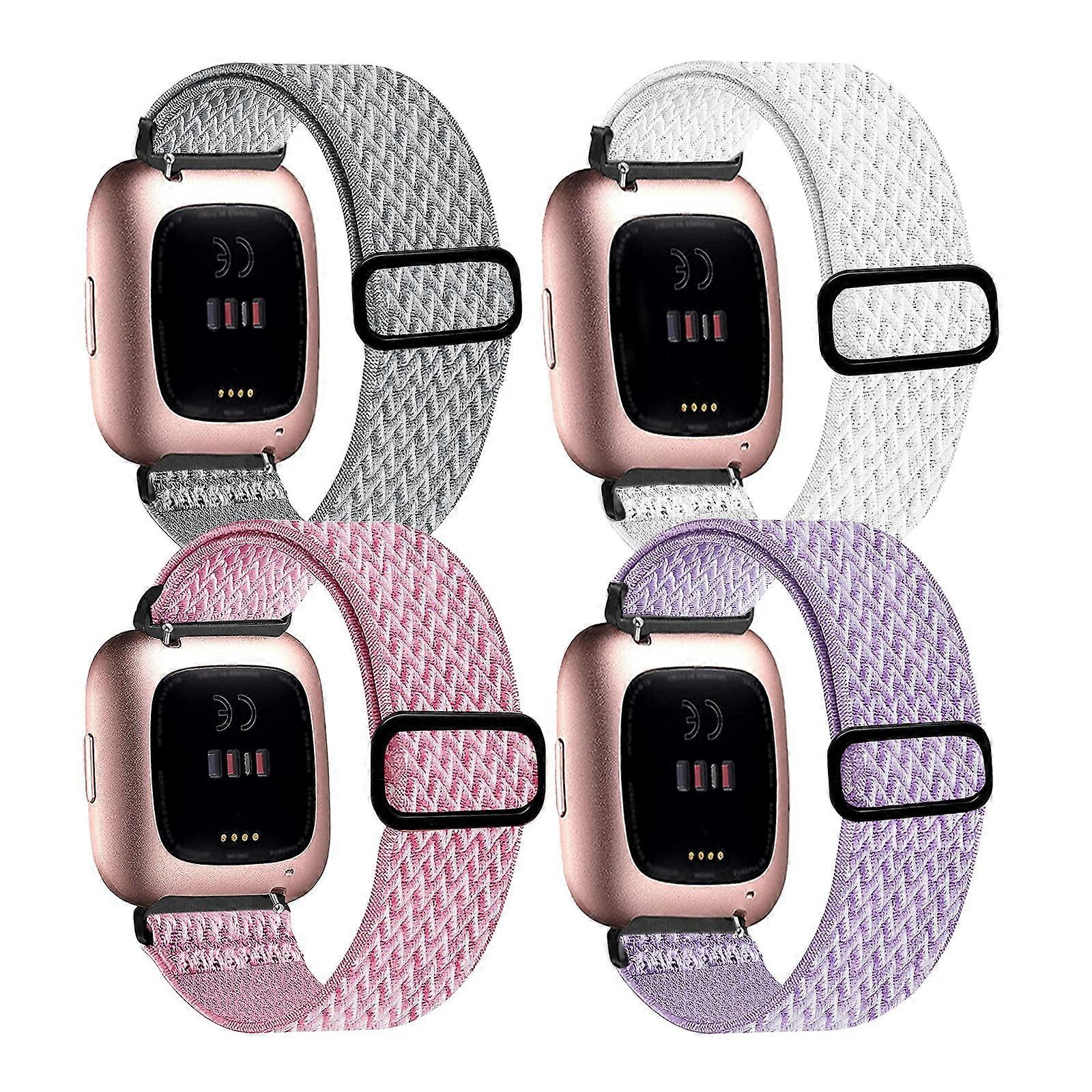 4 Pack Stretchy Nylon Bands for Fitbit Versa Versa 2 Lite, Breathable Adjustable Elastic Loops