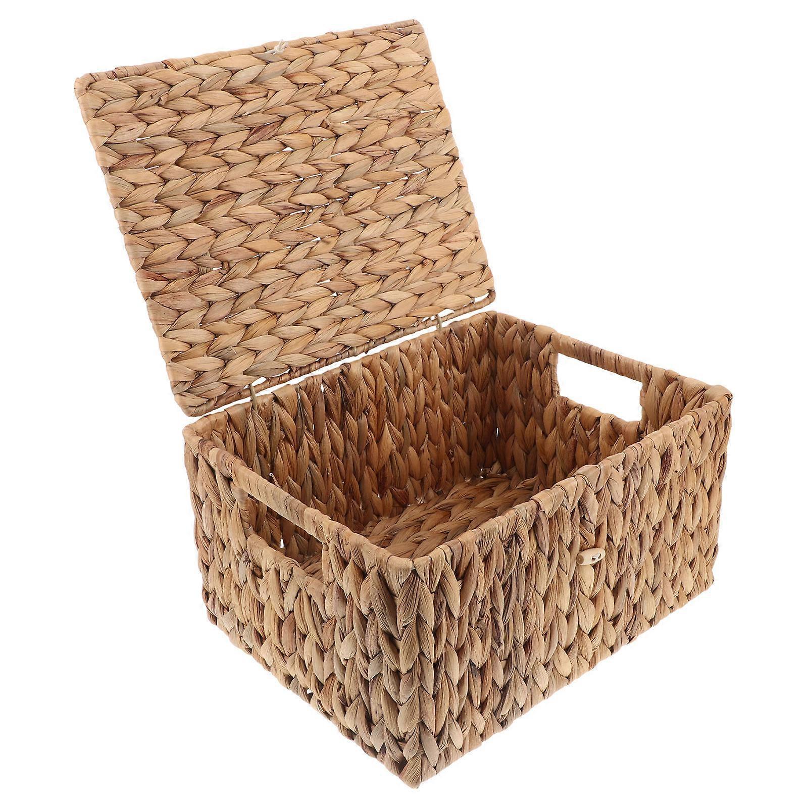Light Brown Woven Basket Rectangular Storage Box with Lid for Organizing