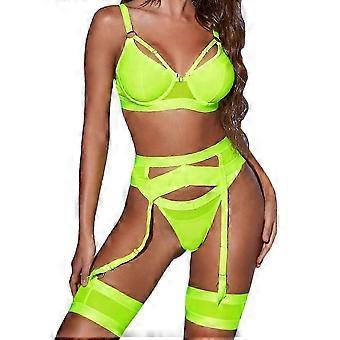 Garter Lingerie for Women,Sexy Lace Lingerie,Sheer Matching 4 Piece Lingerie Set Neon Green 26-27