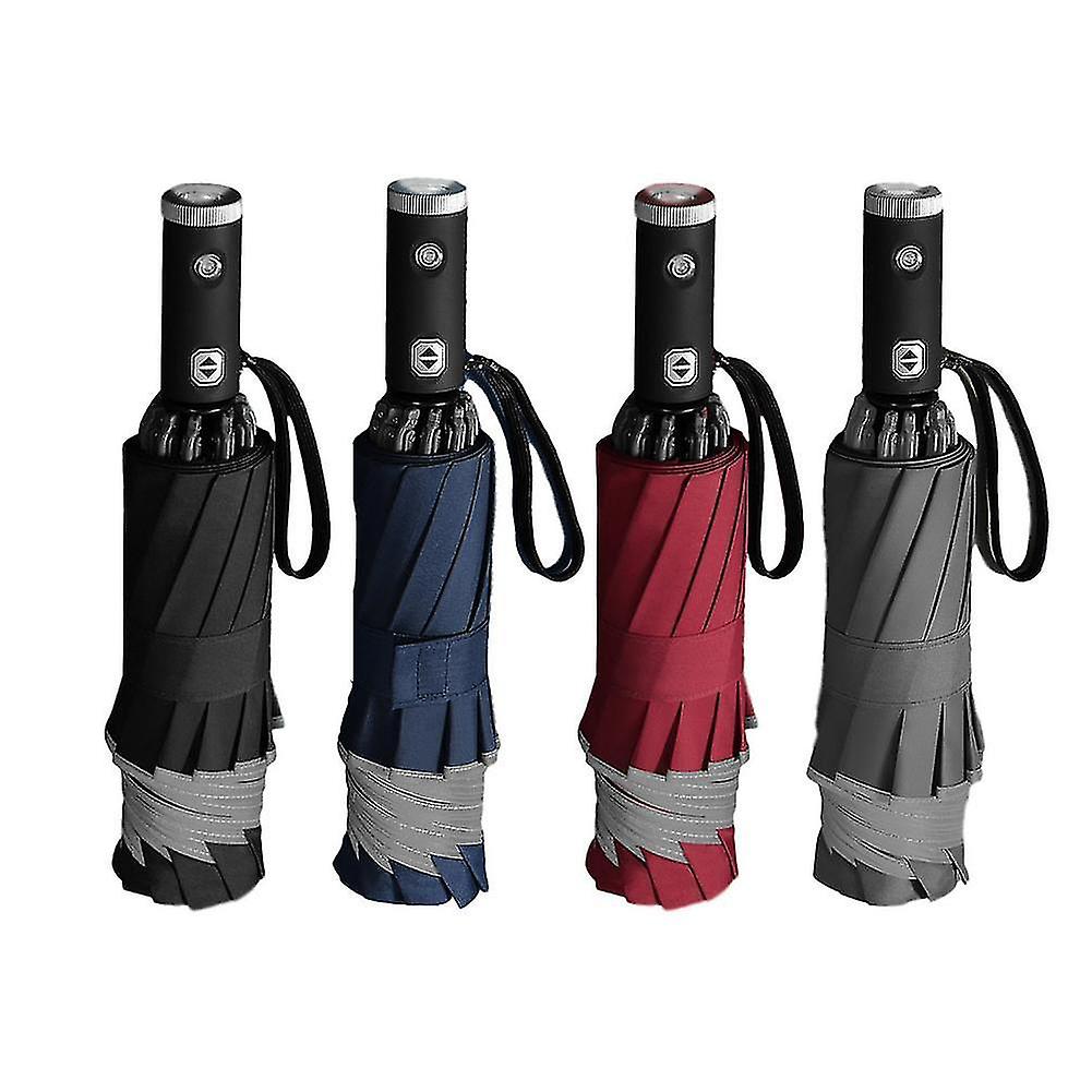 Automatic Reverse Folding Umbrella, Led Reflective Strip, Flashlight, Windproof