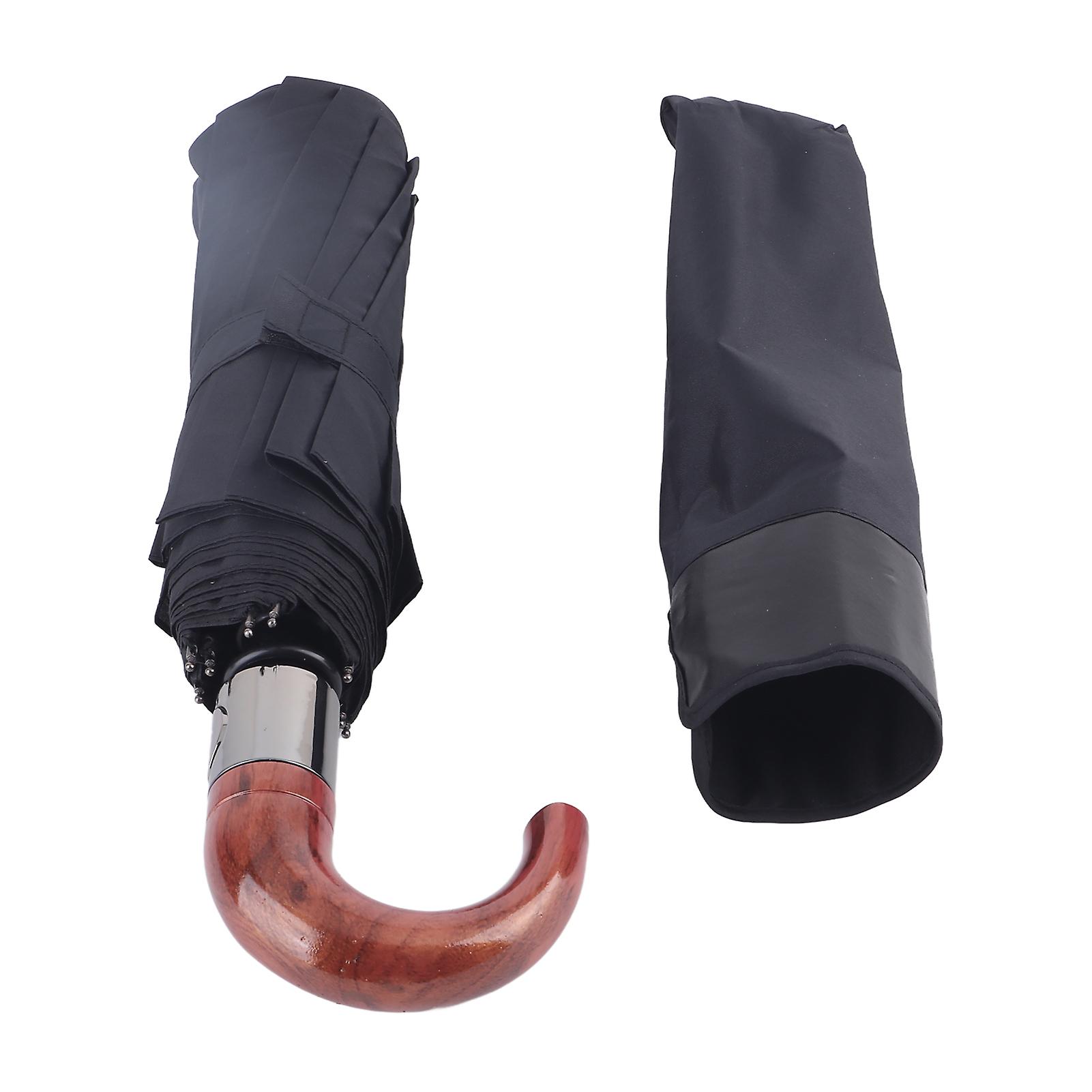 10 Ribs Folding Umbrella, UV Protection, Auto Open, Auto Close, Windproof, with Curved Wooden Handle, for Men and Women, No Glue Type