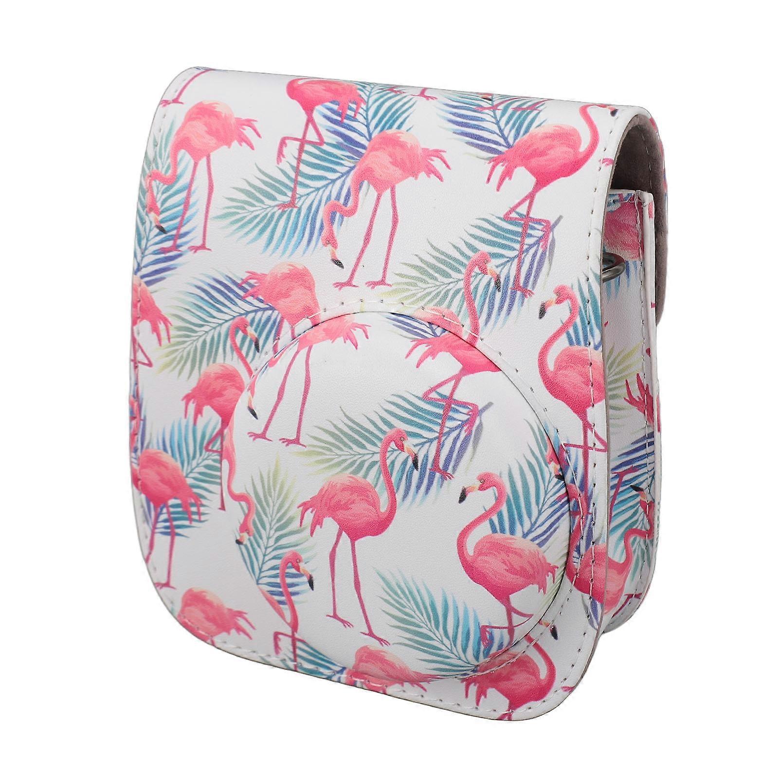Instant Camera Case for Fujifilm Instax Mini 12 11 Camera Protective Bag with Adjustable Shoulder Strap PU Leather Flamingo Pink and White Style
