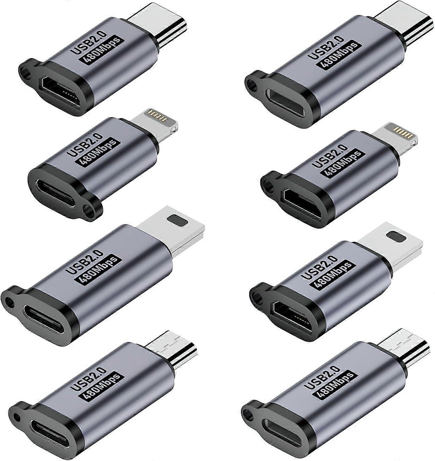 8 balení Lightning na USB C adaptér, Micro USB, Mini USB samice na samec USB 2.0 pro smartphony