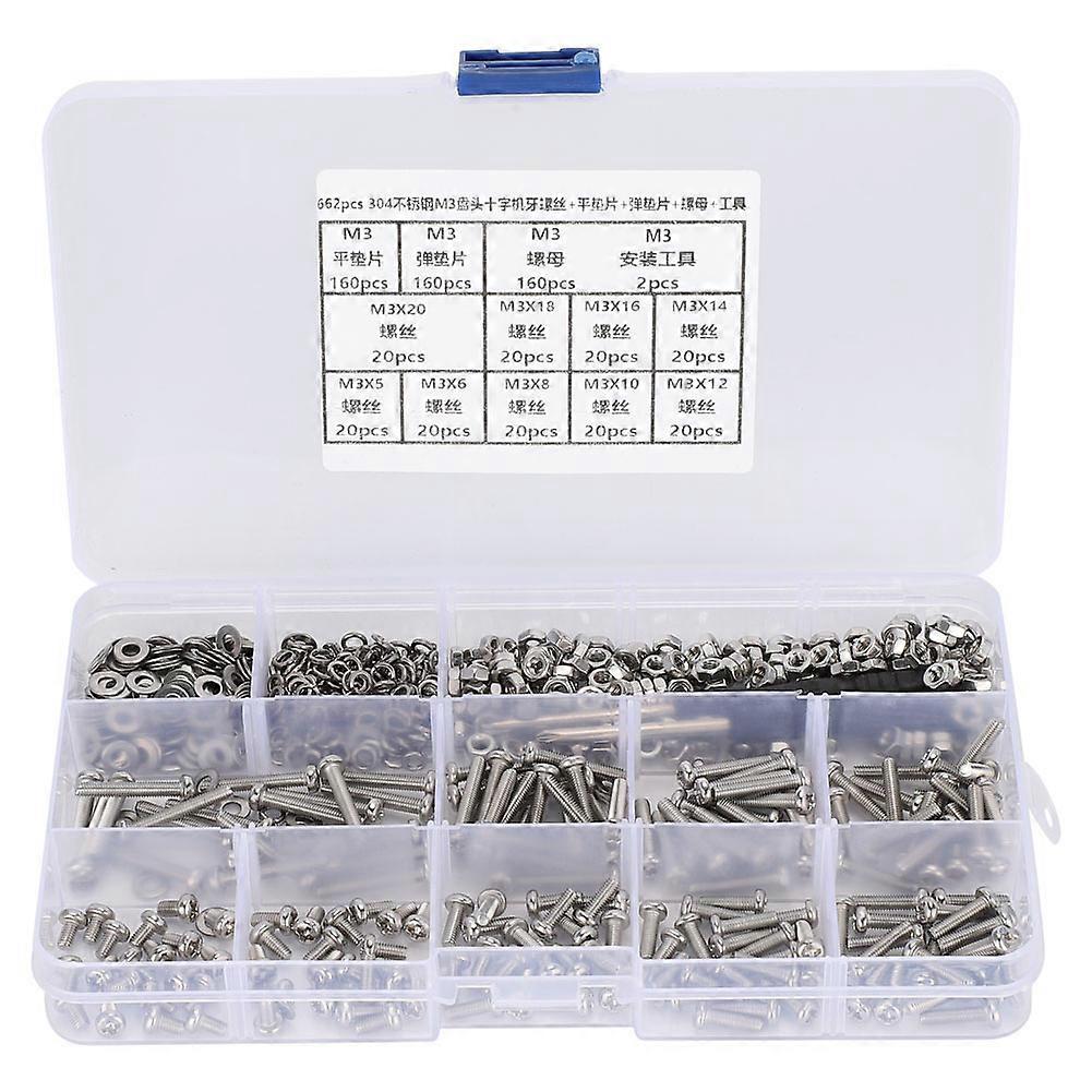 662pcs Diy Combination Set M3 Pan Head Cross Machine Screw+flat Elastic Washer+nut