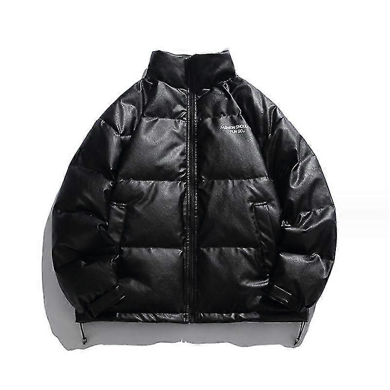 Pufferjakke til mænd Stand Krave Drop Skulder Solid Sort Lynlås Dunjakke Frakke Tyk vinterfrakke Pu læder