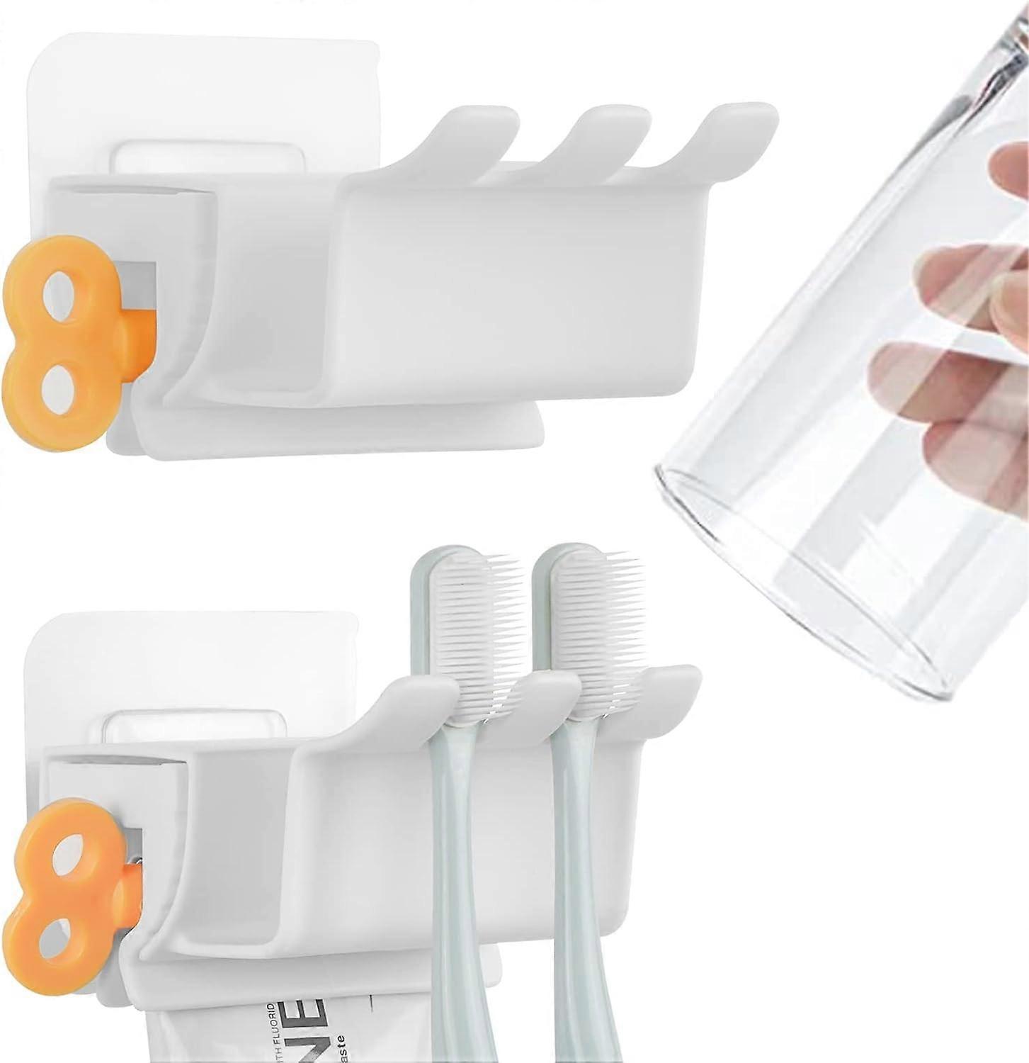 2 Pack Wall Mount Toothbrush Holder Toothpaste Dispenser, Plastic Wall Mount Toothbrush Hanger Compatible (White)