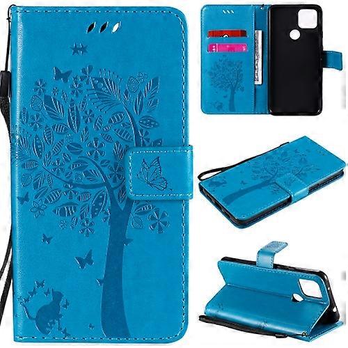 For Google Pixel 4a 5G / Pixel 5 XL Tree & Cat Embossed Pattern Horizontal Flip Leather Case