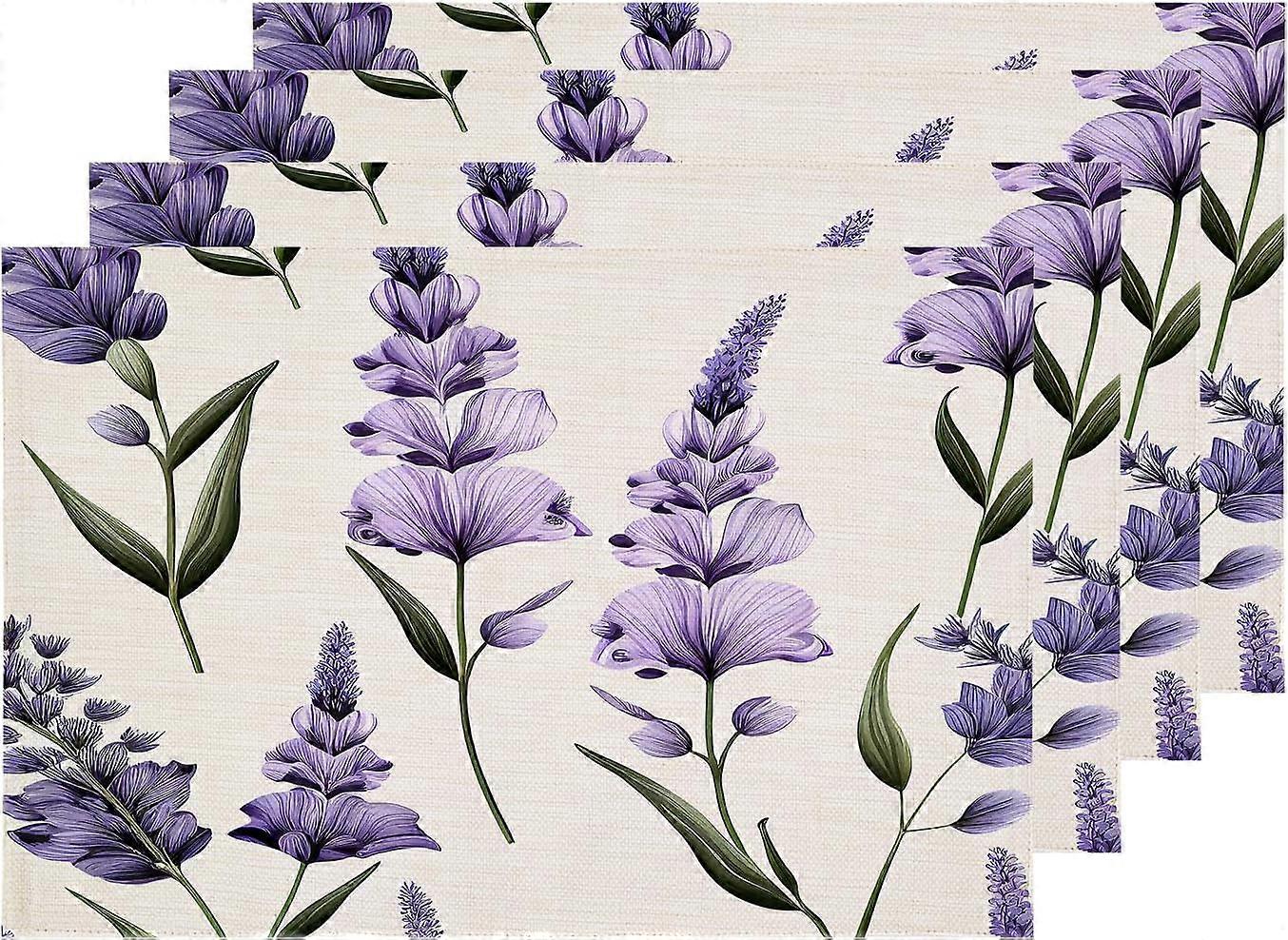 Purple Lavender Flowers Placemats, Seamless Floral Table Mat Linen Burlap Washable Double-Deck Heat Insulation for Dining Table Kitchen Table Set of 4