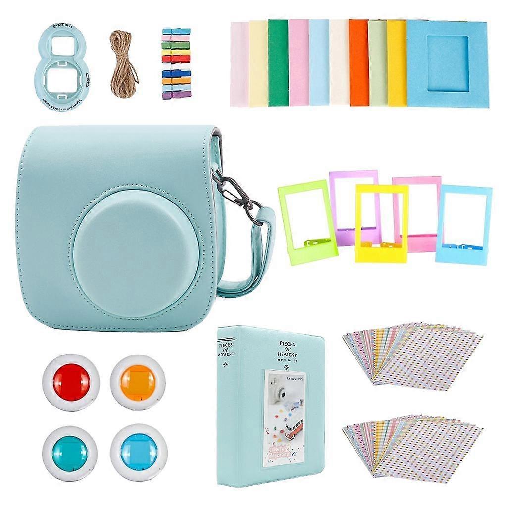 For Fujifilm Instax Mini 9 Camera PU Case Filter+Close up Lens Gift Set  ice blue