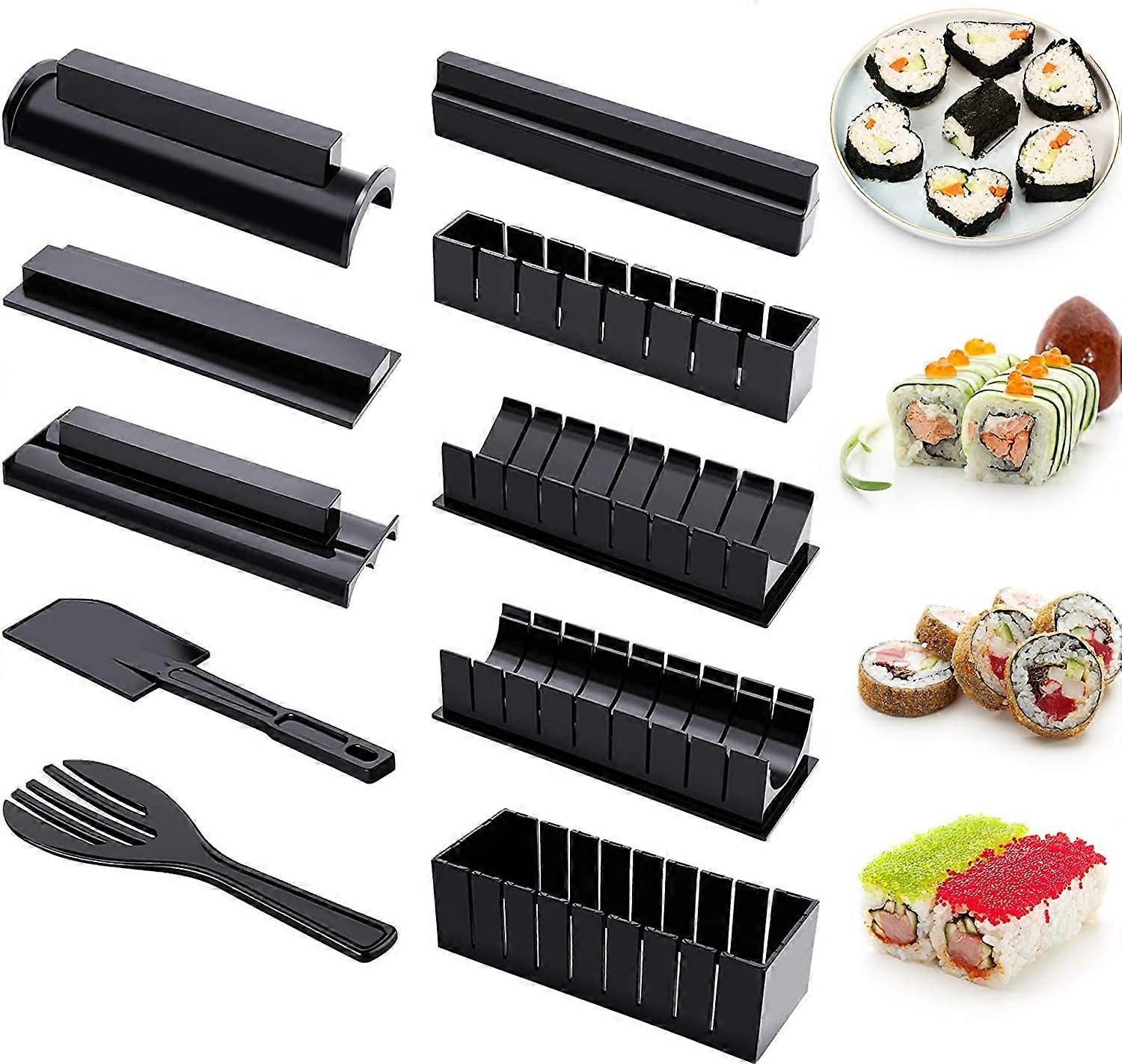 Sushi Making Kit for Beginners 10 Pieces Plastic Sushi Maker Tool Complete with 8 Sushi Rice Roll Mold Molds Fork Spatula DIY Home Sushi Tool
