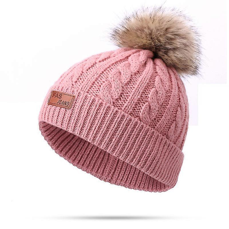Toddler Woolen Hat Winter Twist Single Pom Pom Knitted Beanies Cap Pink