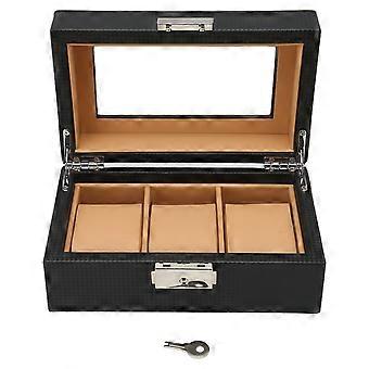 Watch Display Holder elegante luz luxo 3 slots lockable Dustproof Watch Case com placa de vidro preto