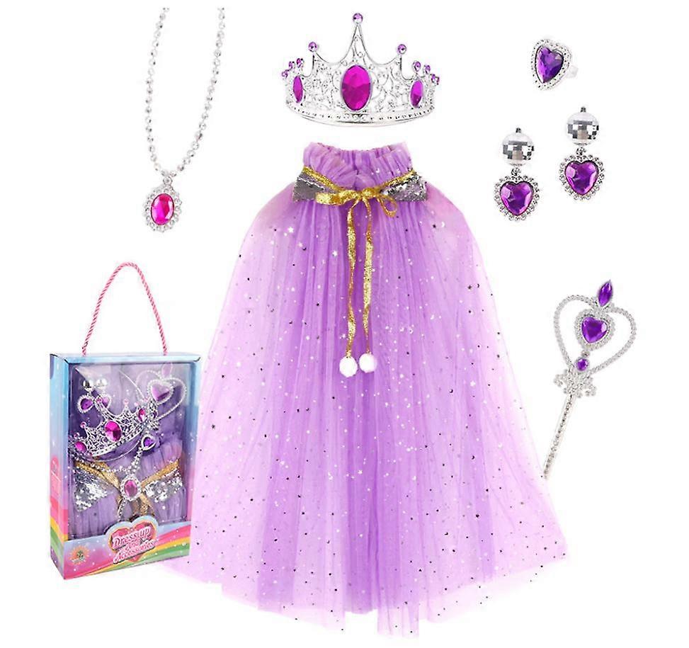Princesse Costume Cape de la fille avec 7pcs Accessoires Princesse Couronne Baguette Anneau Collier Bracelet Boucle d'oreille Princesse Costume Fête Anniversaire pour les enfants Fille (P