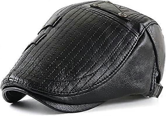Men's Flat Cap Hat Adjustable Flat Beret PU Leather 56-60cm