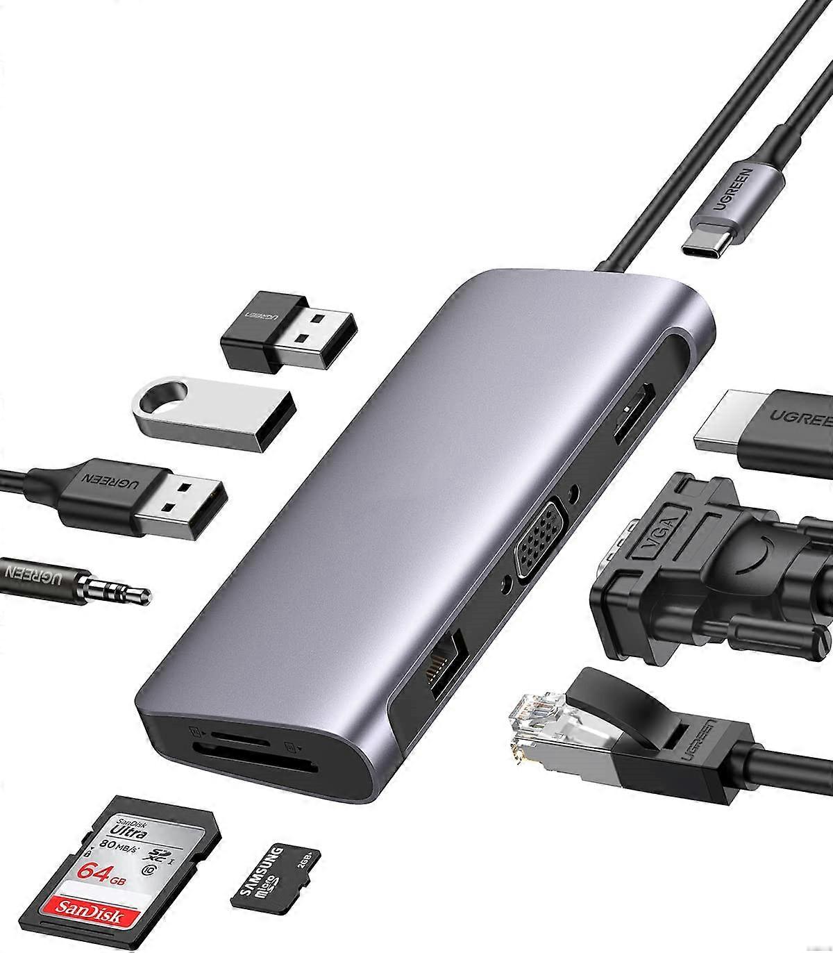 Wieloportowy adapter USB C, stacja dokująca Ethernet 10 w 1 USB C Dongle z zasilaniem 4K HDMI VGA 100 W 3 porty USB 3.0 Gniazdo audio 3,5 mm SD TF Car