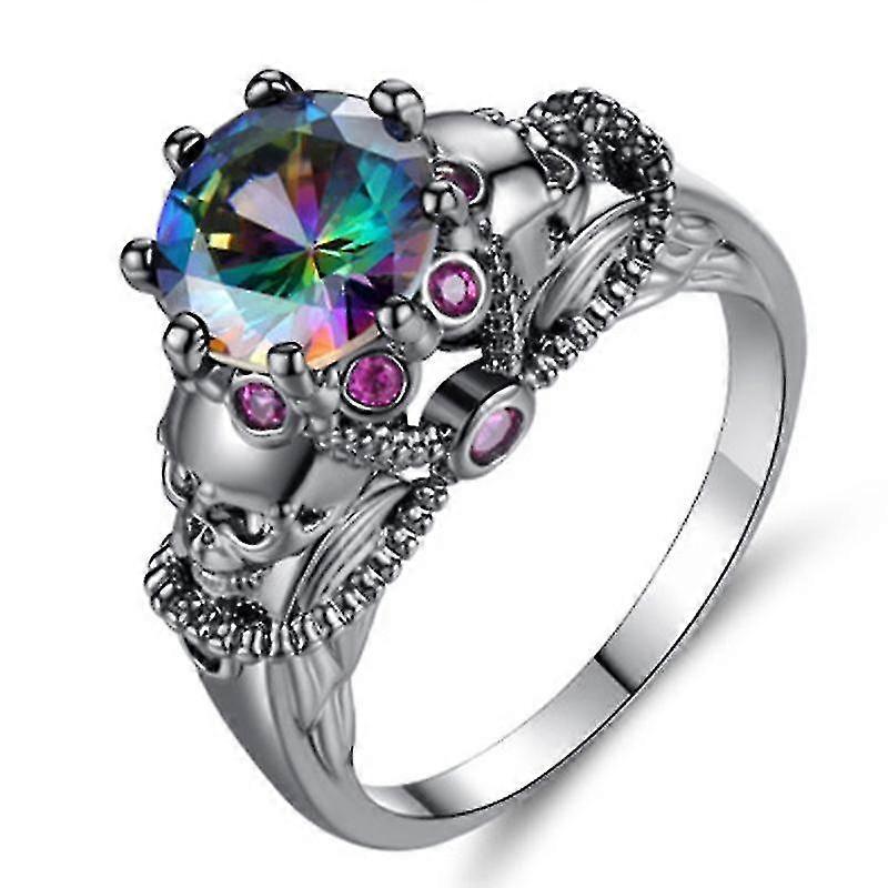 Skull Ring Set With Colored Zircon Rings - Women's Skull Set Colored Diamond Ring