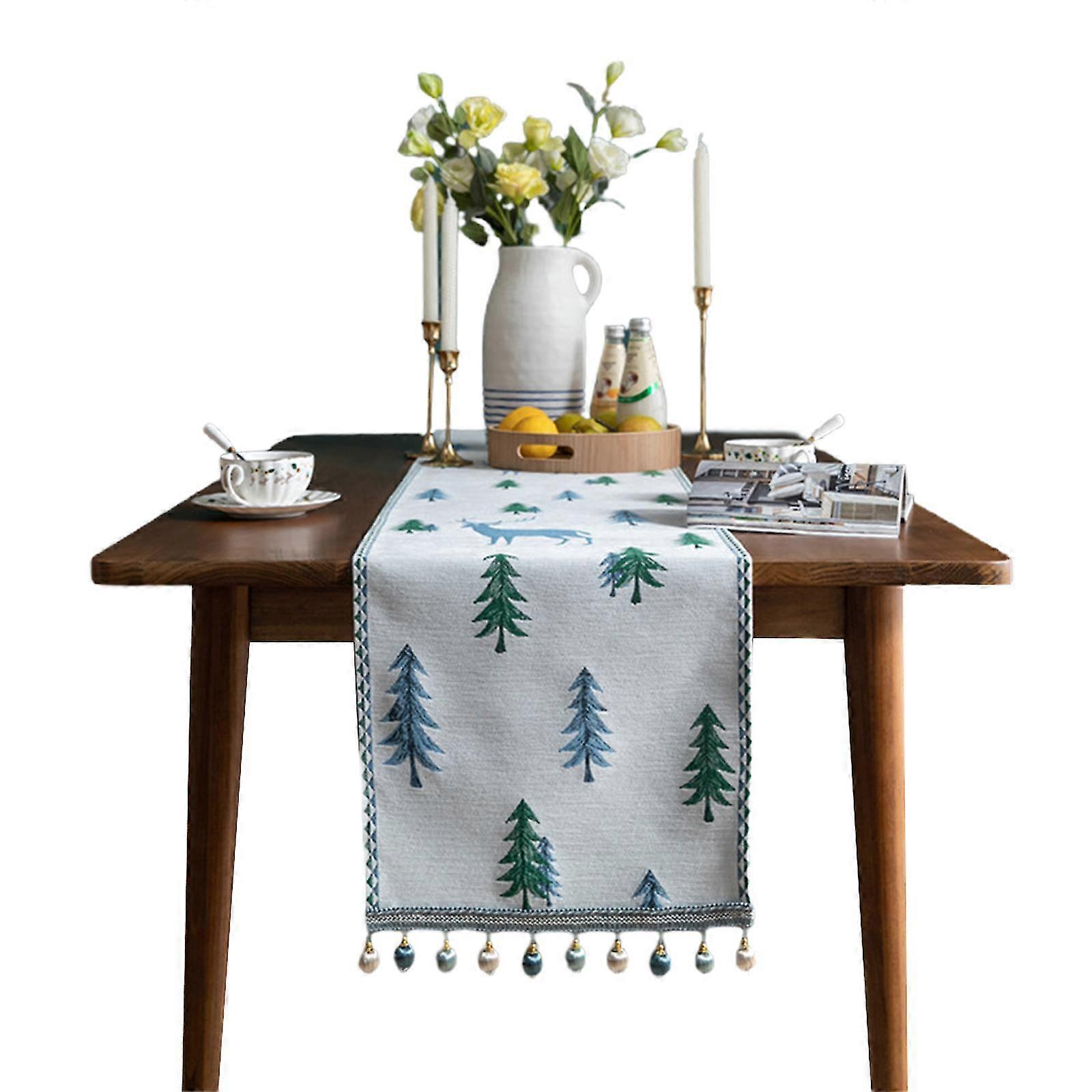 (35*220cm) Christmas Tree Forest Deer Jacquard Table Runner (material: Polyester)