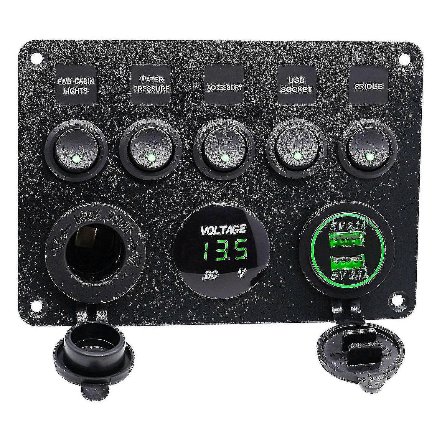 Pannello interruttori a LED con scatola portafusibili in linea da 5 bande, 12 V/24 V, doppio USB, per auto, barca, camion, camper