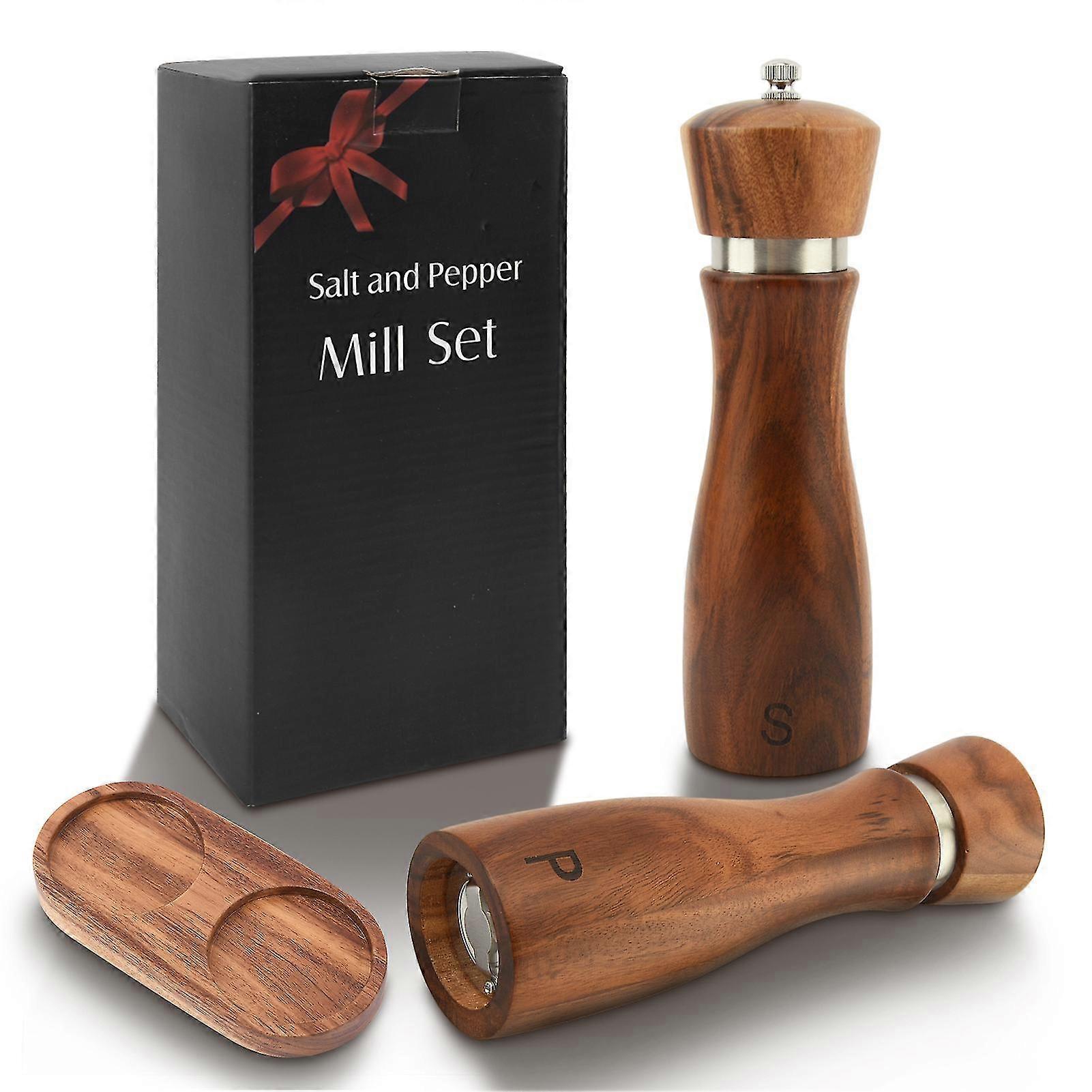 2pcs 8inch Manual Mill With Tray Ceramic Core BBQ Salt Pepper Grinder Practical