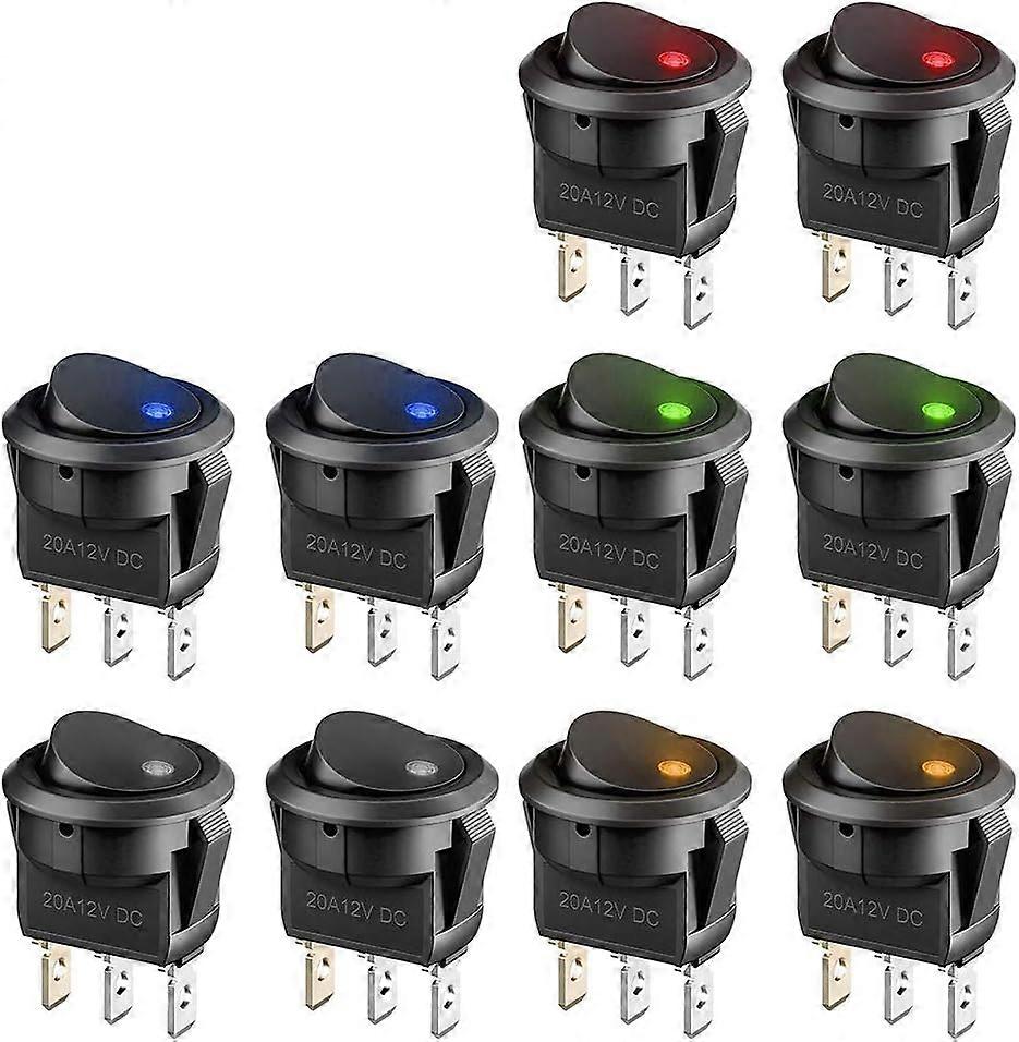 Car Switch 12V with LED Light, Mini Toggle Switch On/Off DC 12V 20A Press Button Round Rocker Switch for Car, Boat, Homehold Application10PCS-Multi co