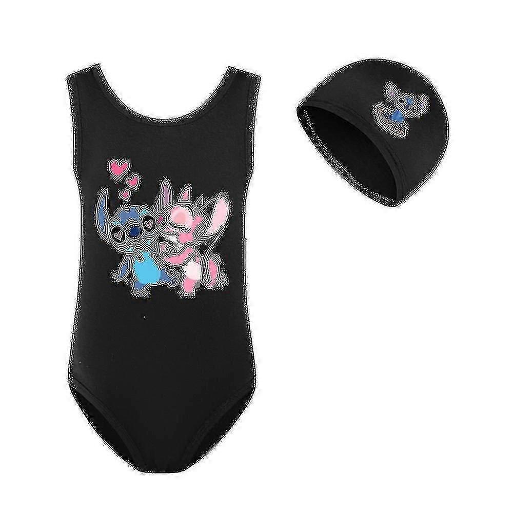 Stitch Girls Swimsuit Piece Swimwear Fashion Lilo And Stitch Swimwear For Bathing Suits+cap black 110cm