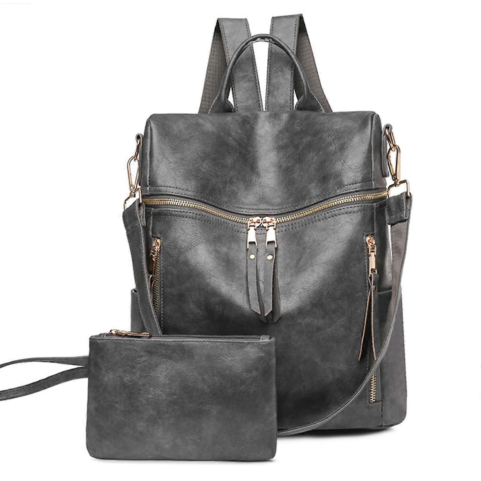 Gray Vintage Style PU Leather Backpack with Multiple Pockets