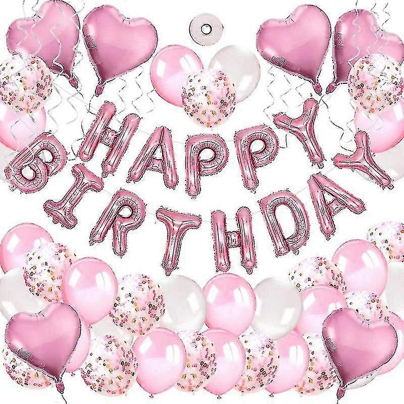 Birthday Decoration Girl Happy Birthday Garland Balloons Birthday Decoration Set With Pink Balloons, Tissue Paper Pompoms Pink For Decoration Birthday