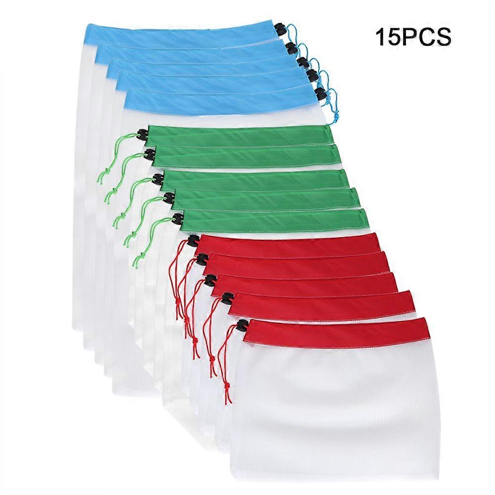 15Pcs Reusable Fruit Net Mesh Bag Drawstring Shopping Pouch Kitchen Storage Bags