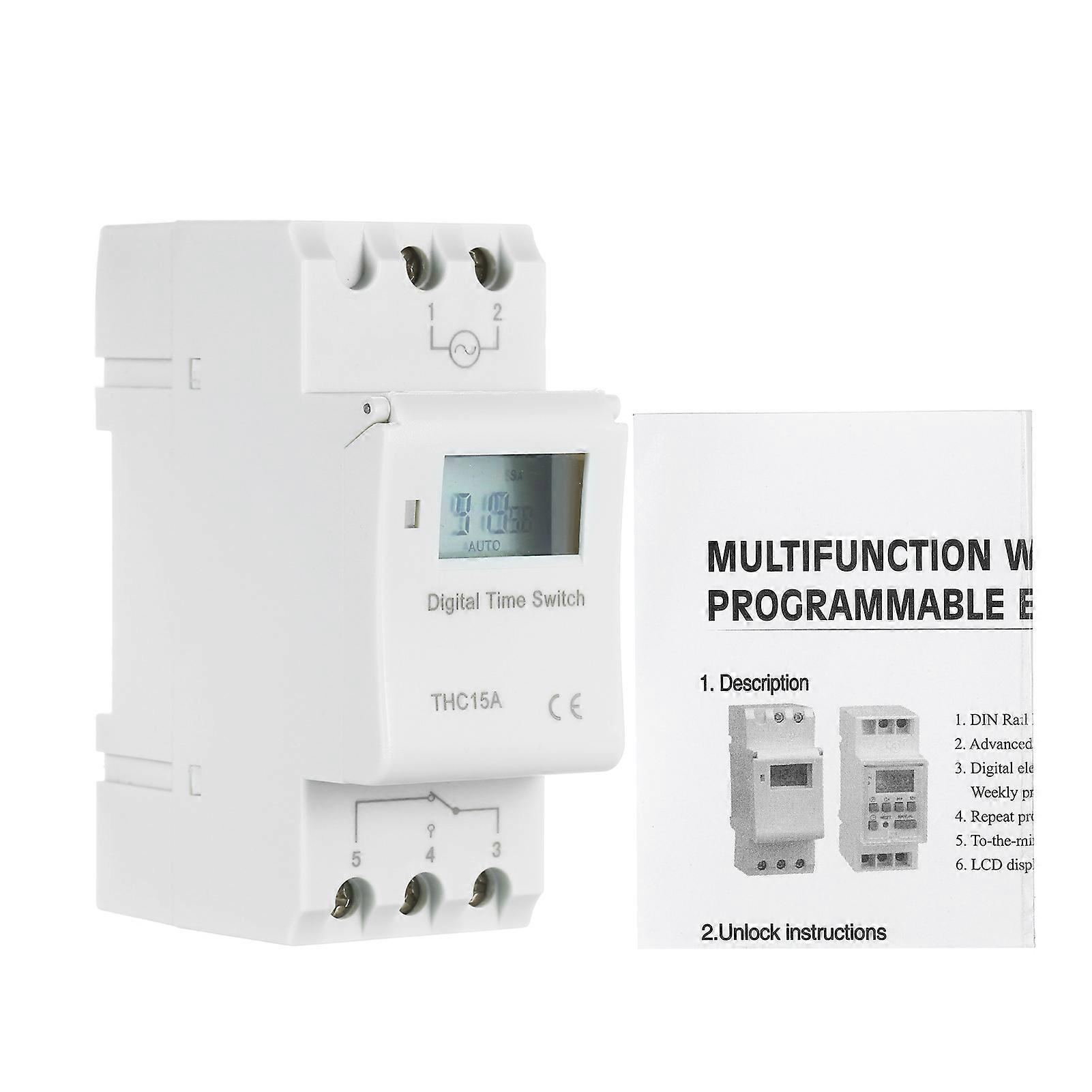 THC15A Digital LCD Power Programmable 16A Amp Electronic Weekly 7 Days 16 On & Off Relay Timer Control AC/DC 24V Din Rail Mount Timing Switch