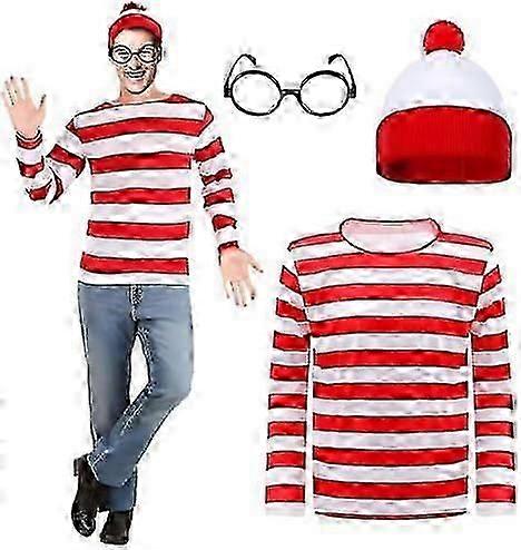 Zestaw kostiumów Wally dla dorosłych, koszulka w czerwone białe paski, czapka, okulary, skarpetki, zestaw strojów, Światowy Dzień Książki Halloween Fantazyjna sukienka dla mężczyzn i kobiet