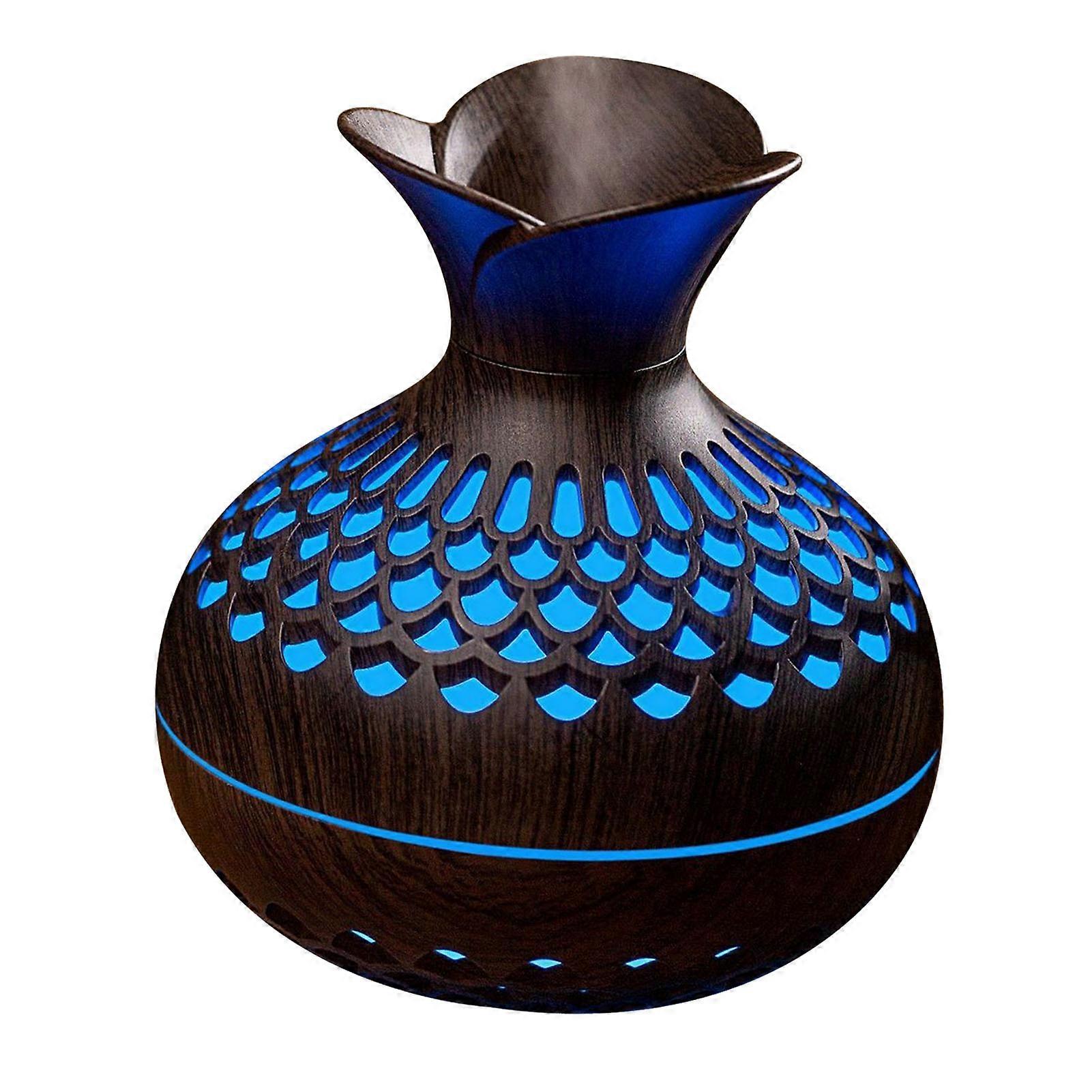 Flower Shape Humidifier 2 Mist Modes 300ml USB Mini Wood Grain Humidifier with 7 Color Lights for Home Office Dark Wood Grain 