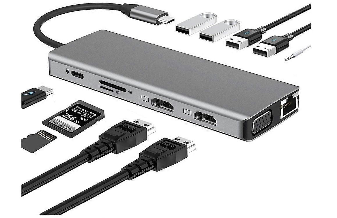 USB C Hub Multiport Adapter - 2 x 4K HDMI, RJ45 Ethernet, VGA, USB 3.0, SD + MicroSD Card Reader, 3.5mm Jack, Type C PD(Grey)