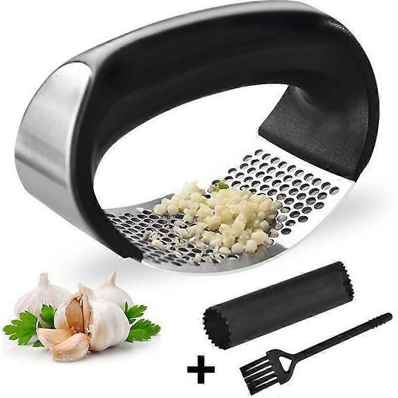 Professional Garlic Press + Garlic Peeler + Brush - Easy Cleaning for Kitchen