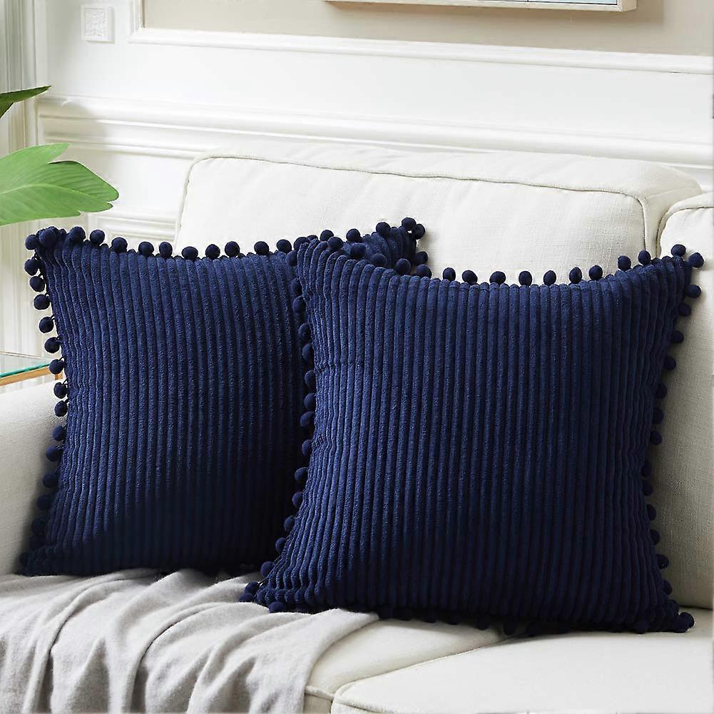 2 Package Soft Decorative Ponpom Pillow Case, Straight Square Pillow Case Set, Navy Blue