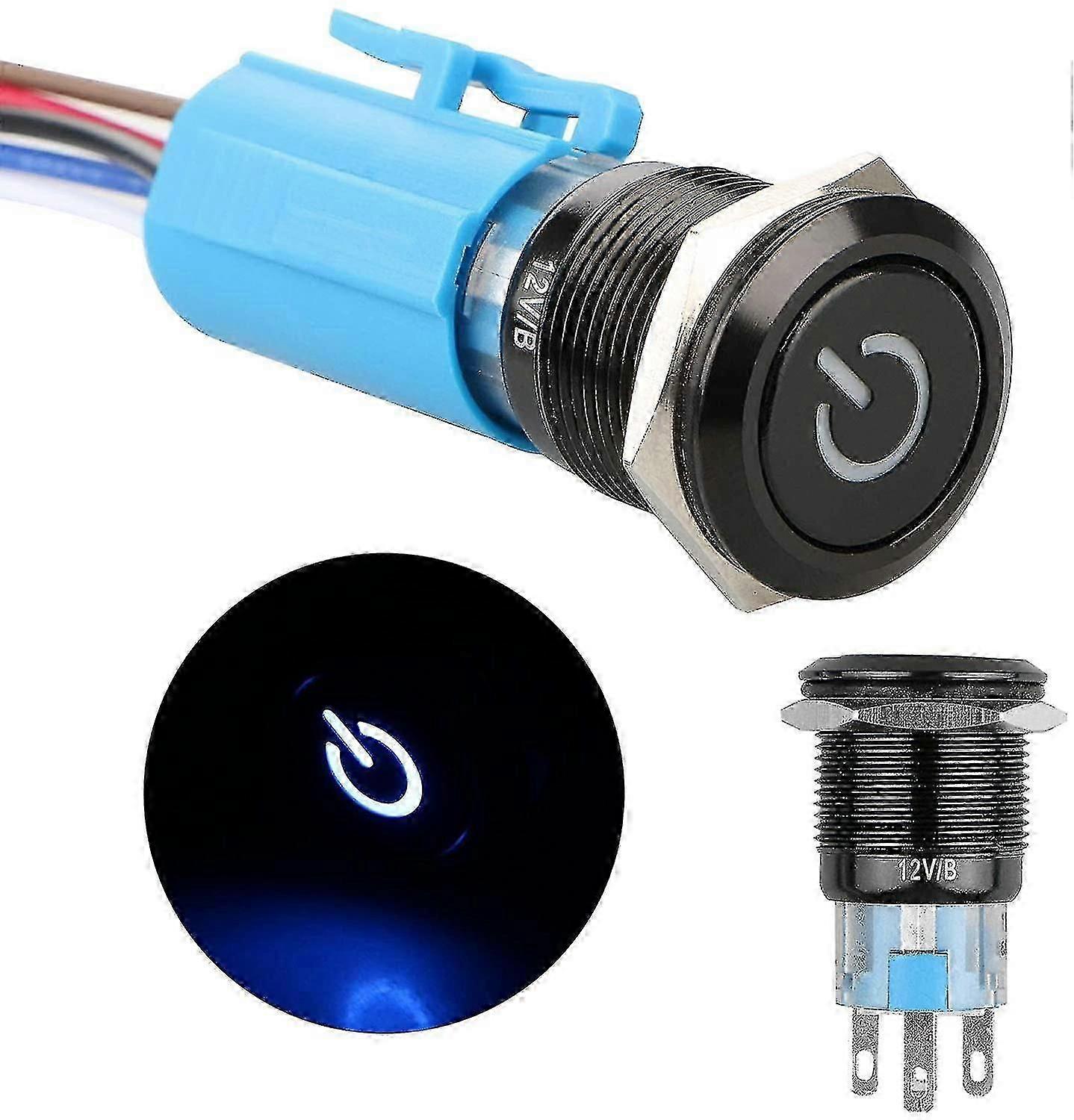 12v Metal Locking Push Button Switch, Waterproof Round Marine Switch With Blue Led Light For 19mm
