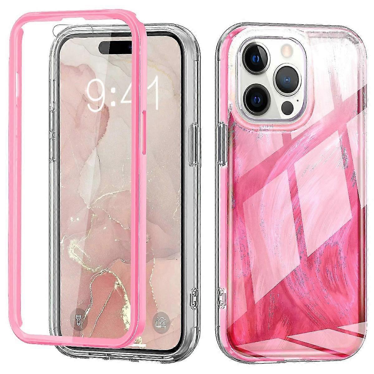 For  14 Pro Case Gradient Feather Pattern Full Body Protection Phone Shell - Green