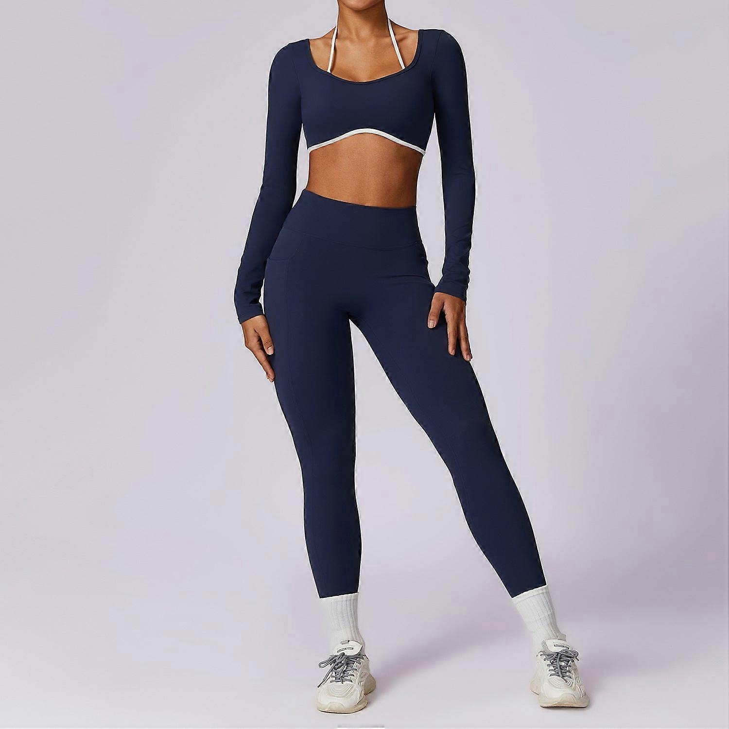 2-Piece Contrast Long Sleeve Workout Set With Halter Bra