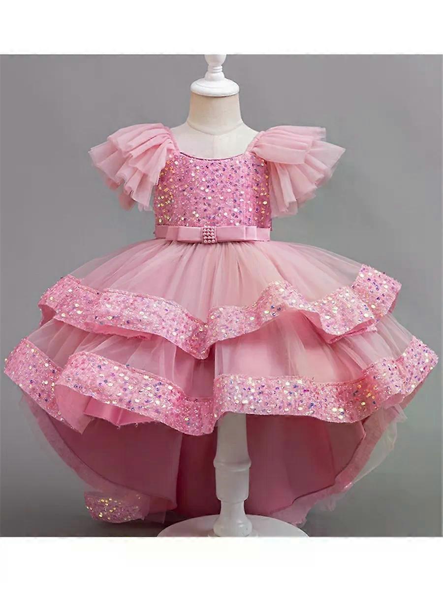 Girls' Front Short and Back Long Sequin Embellished Gown Princess Dresses