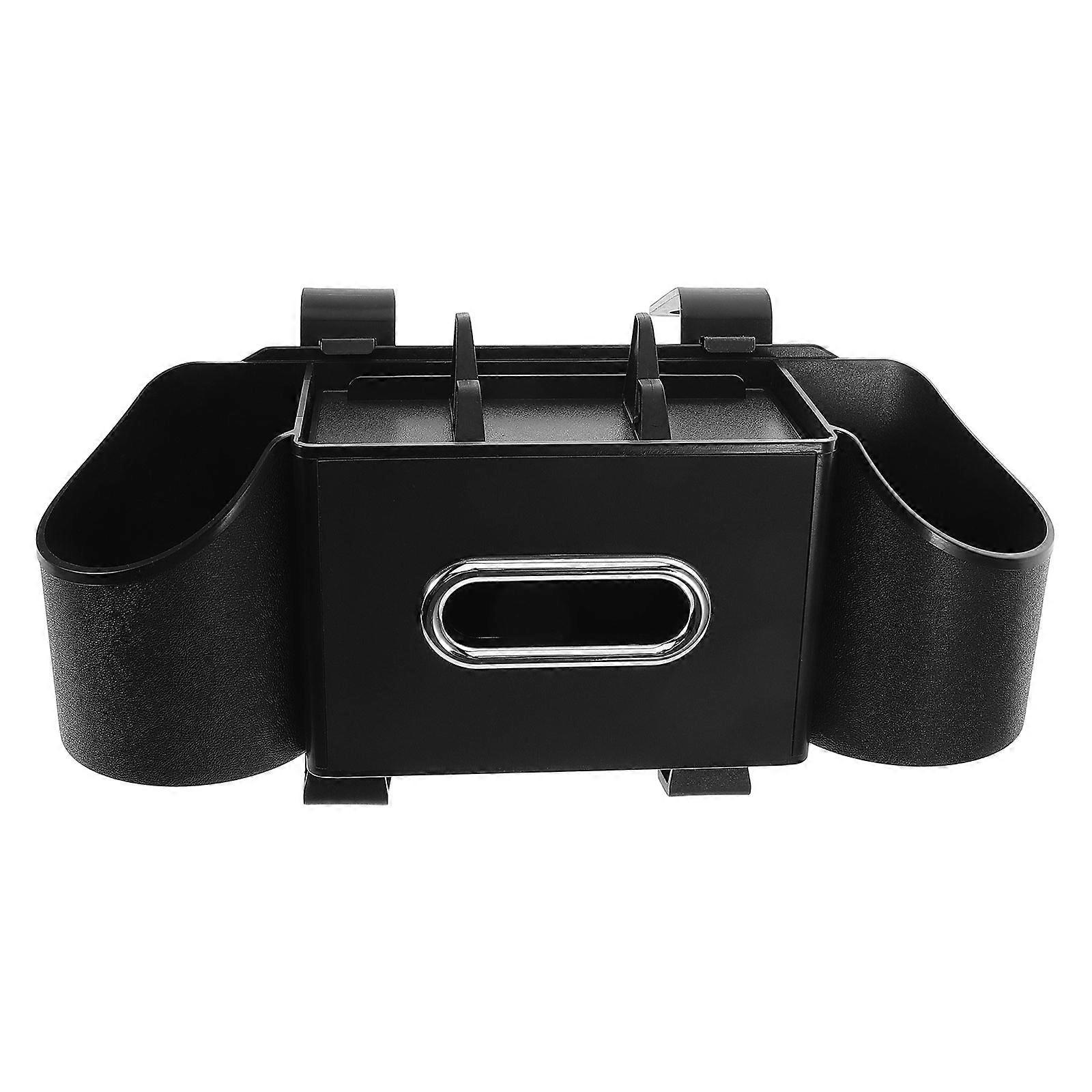 Multifunctional Car Organizer with Headrest Hooks, Integrated Drink and Tissue Holder, Versatile Storage Box for Phones, Keys, Snacks – Black