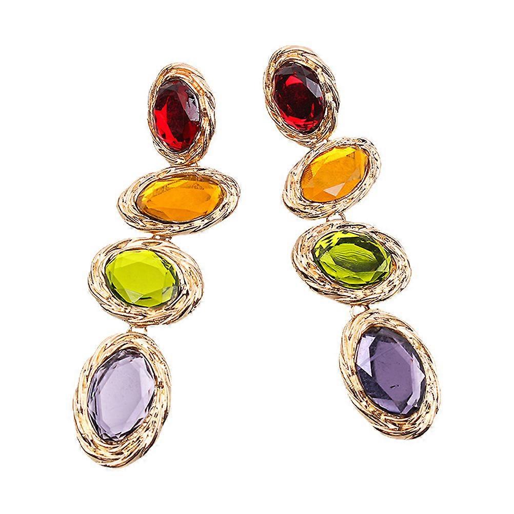 Rhinestone Dangle Earring Woman Colorful Retro Long Drop Alloy Rhinestone Decorative Electroplating Process 1 Pair