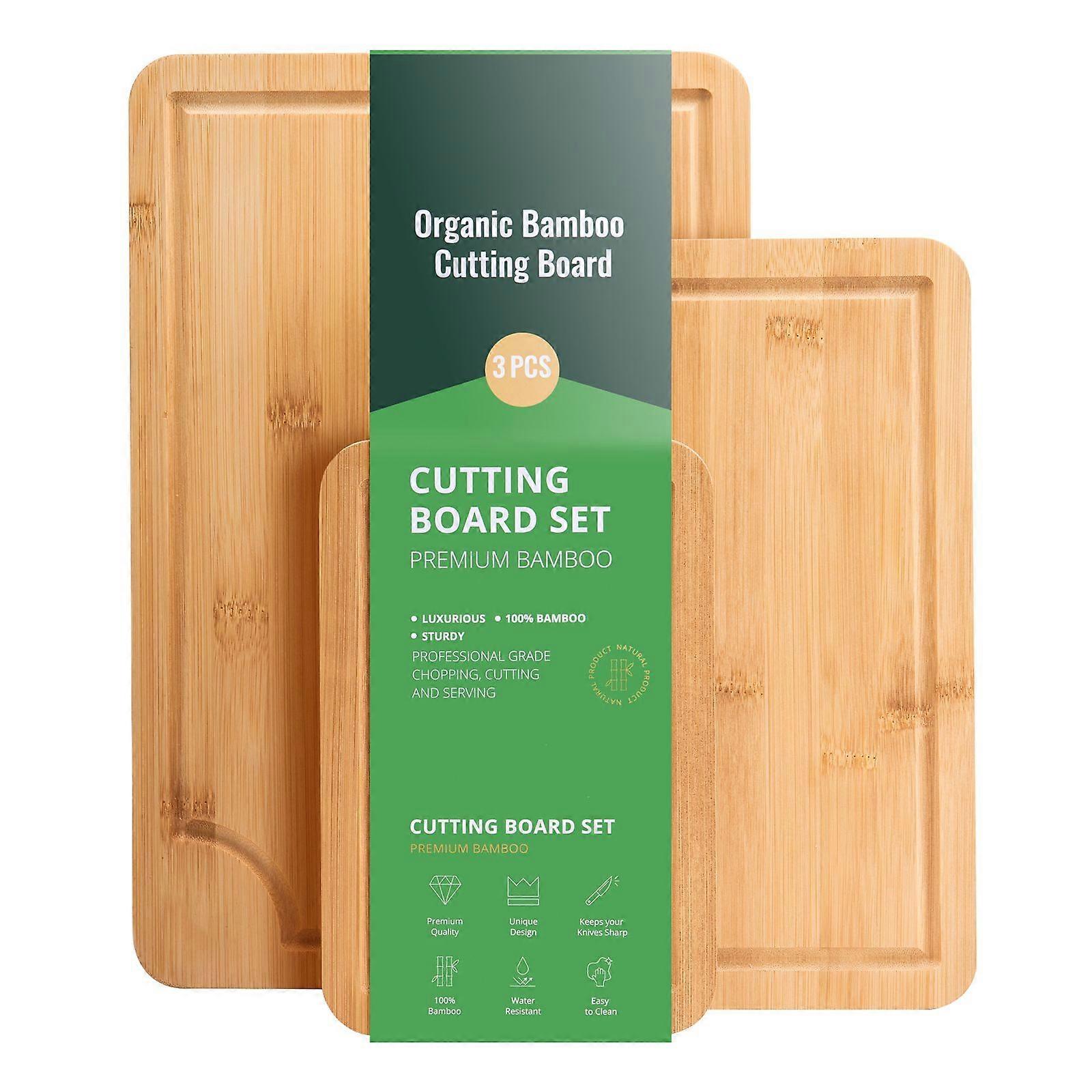 Schneidebrett, 3 Stück, Premium Vielseitiges Bambus-Schneidebrett mit lebensmittelechtem Öl und Saftrille, Schneidebrett mit eingebautem Griff