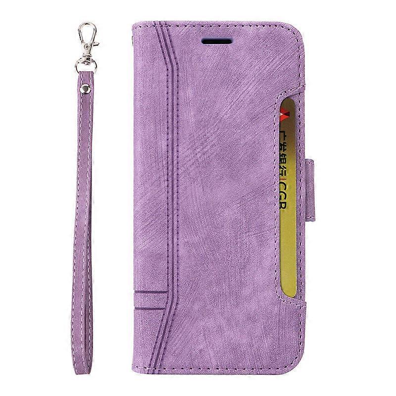Case For Iphone 13pro Light Purple-side Card Leather Large Hand Strap Solid Side No4837
