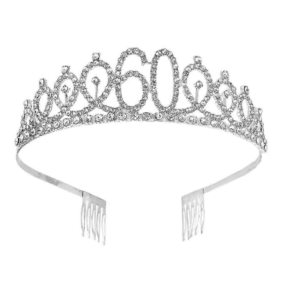 1 قطعة تاج حجر الراين مع سبيكة الإدراج مشط الشعر الزخرفية تاج الشعر لعيد ميلاد 60 (فضي)