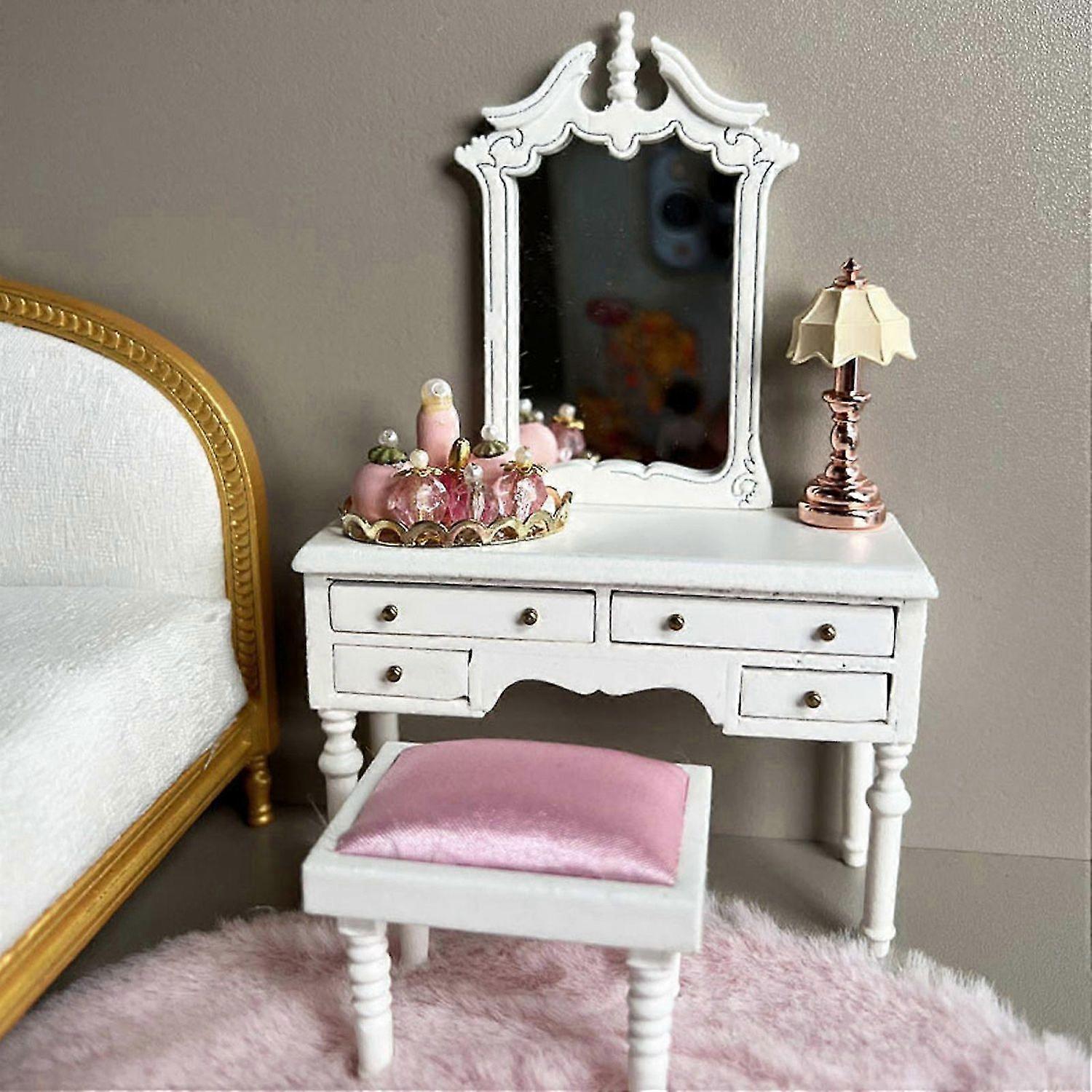 3PC 1/12 Scale Dollhouse Miniatures Furniture Dressing Table Mirror Stool PalaKo