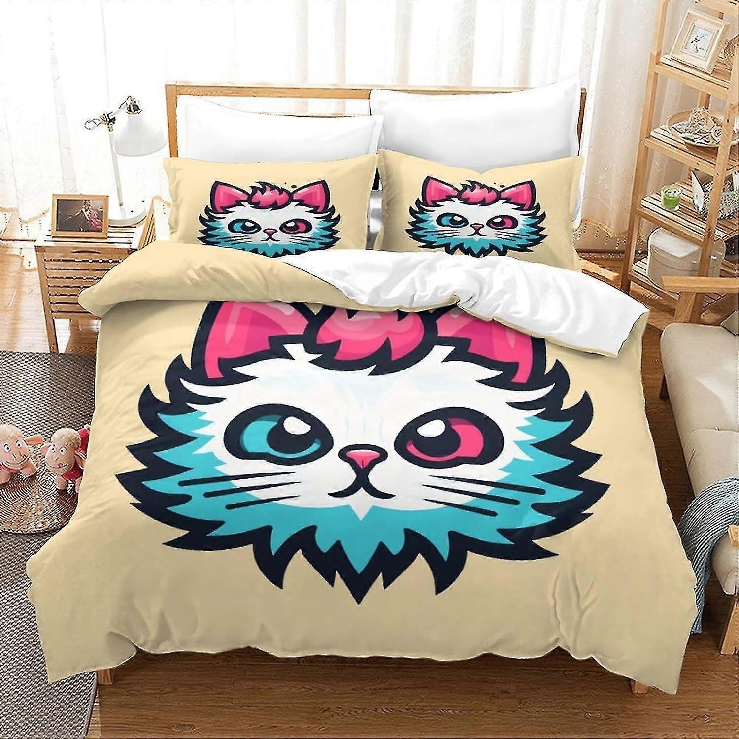 Söt konst tryckt mikrofiber 3 delar sängkläder set med kattdesign dragkedja påslakan