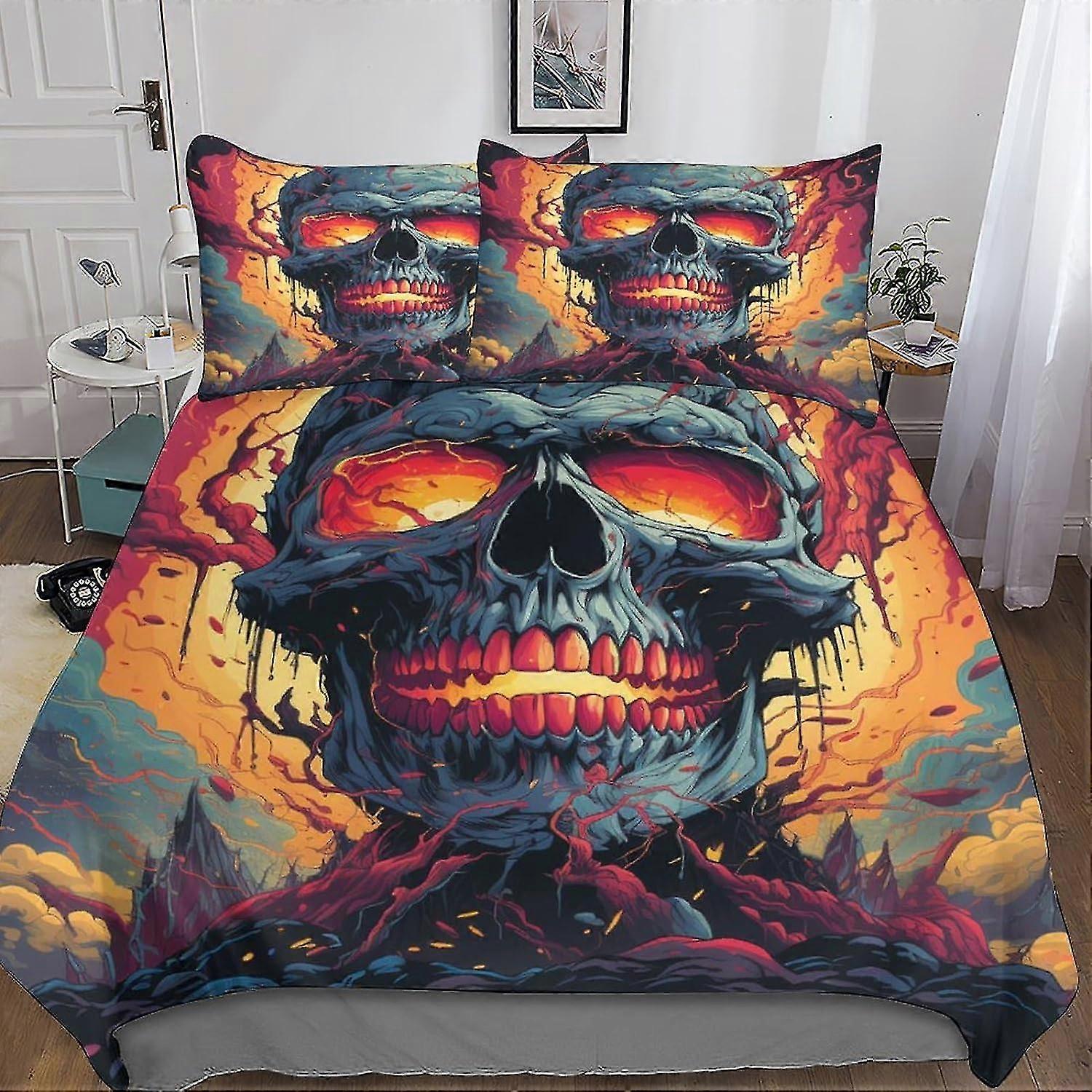 Conjunto de capa de edredom com estampa de caveira para roupa de cama, capa de colcha de microfibra macia de 3 peças com fronhas e fecho de zíper